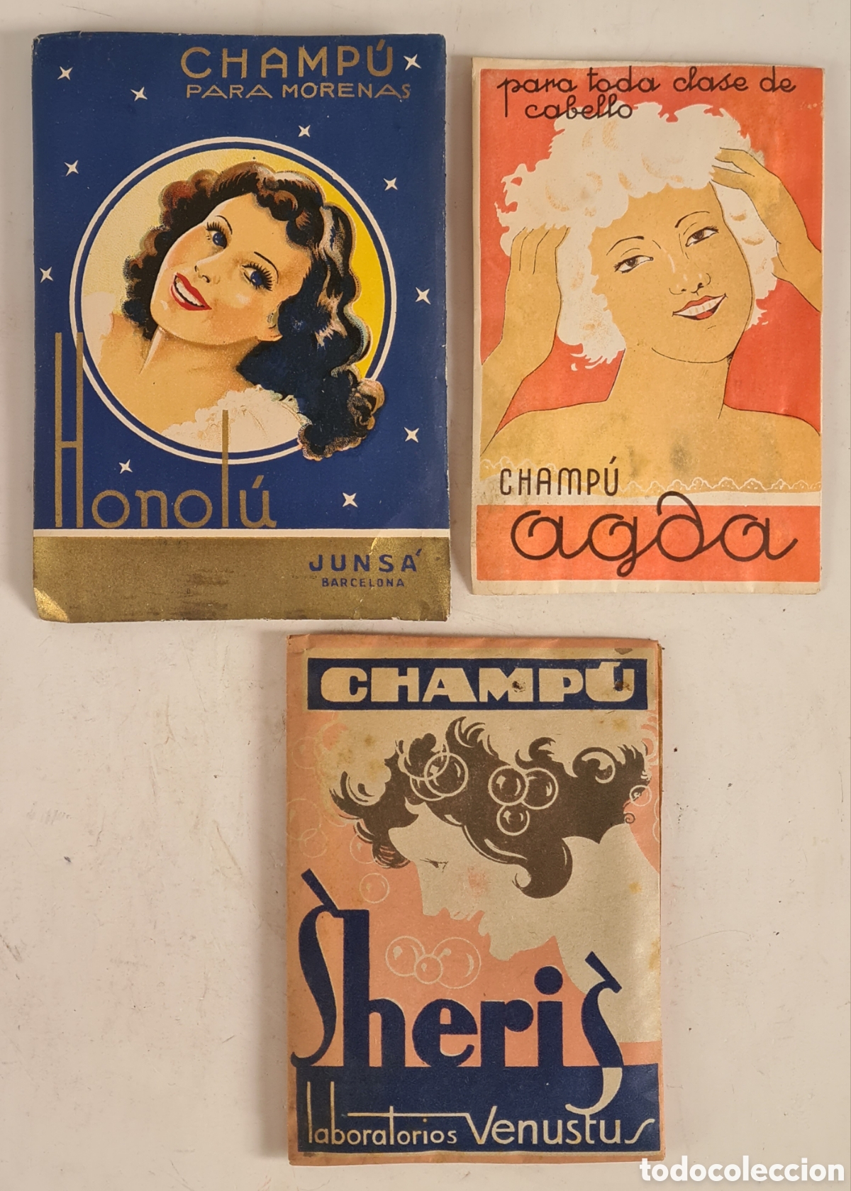 Miniaturen von alten Parf&uuml;men: 3 Sobres Champ&uacute; Pelo - Honol&uacute; Morenas Castelltersol Agda Sheris Laboratorios Venustus - Peluquer&iacute;a