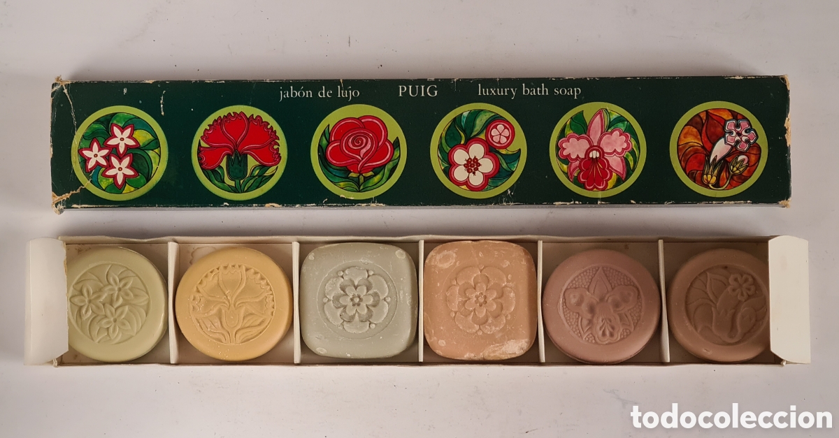 Miniatures of antique perfumes: Estuche 6 Jabones Puig Fragancias Jazm&iacute;n Real Clavel Rosa Mayo Flor Manzano Orqu&iacute;dea Flor Tabaco