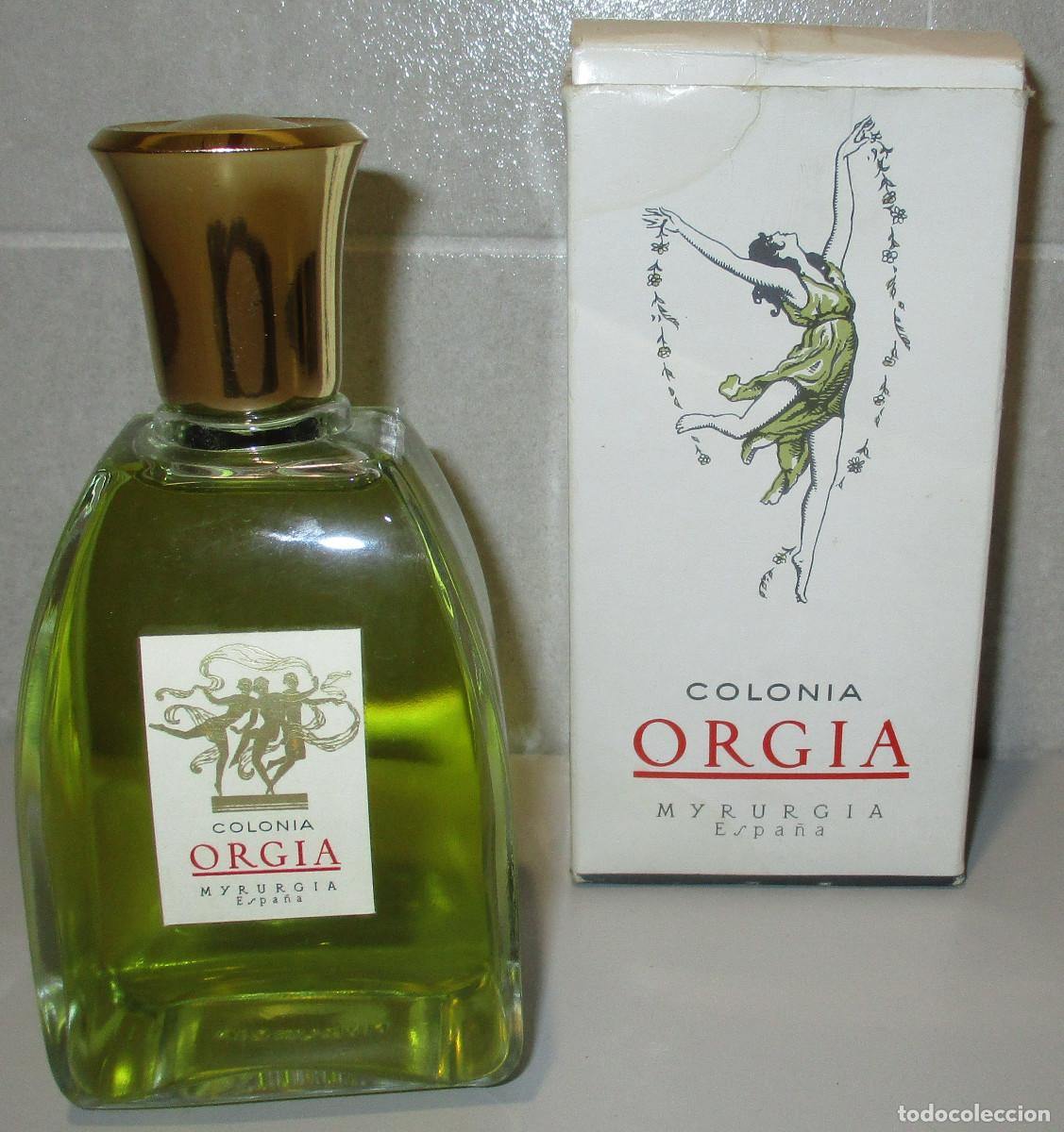 Miniaturas de perfumes antiguos: Frasco de colonia 250 ml ORGIA, MYRURGIA, a&ntilde;os 60, llena, con caja