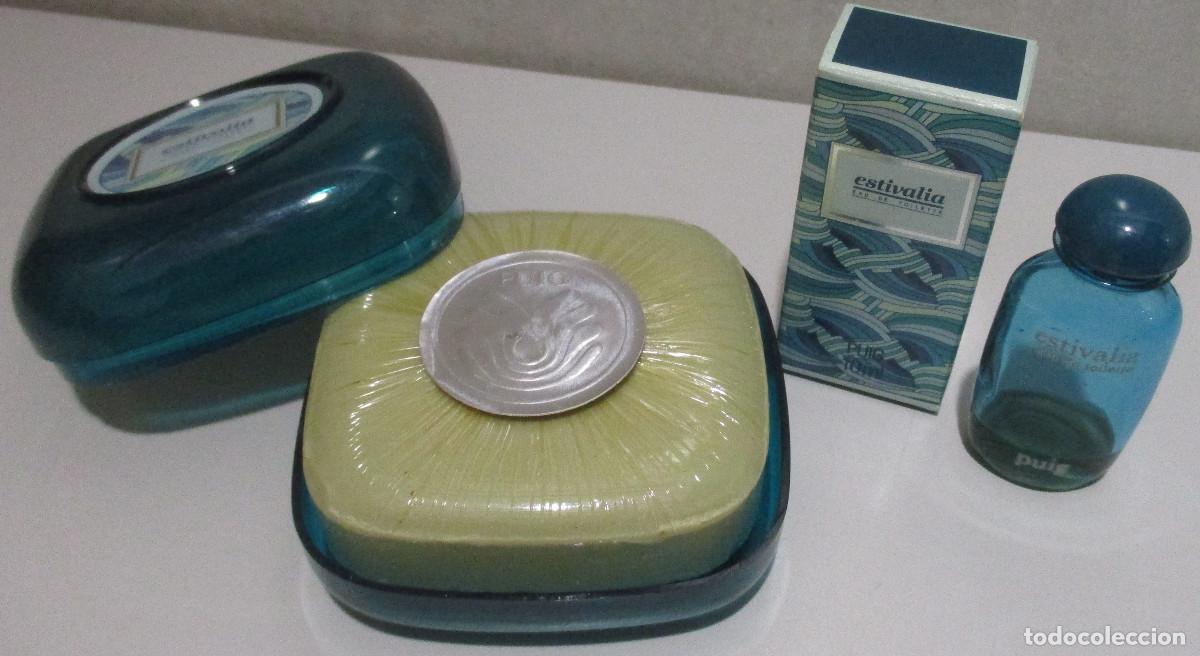Miniaturas de perfumes antiguos: Frasco colonia eau de toilette, muestra 10 ml. + pastilla jab&oacute;n 100 gr, ESTIVALIA, de Puig, a&ntilde;os 90