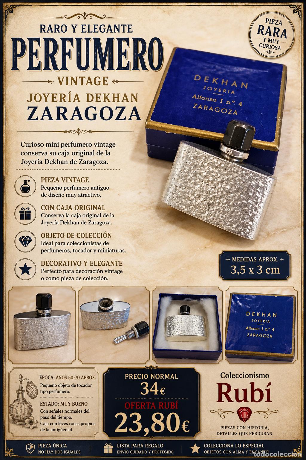 Miniaturas de perfumes antiguos: MUY CURIOSO Y ANTIGUO PERFUMERO / JOYER&Iacute;A DEKHAN-ZARAGOZA / 3.5X3 CM / RARO
