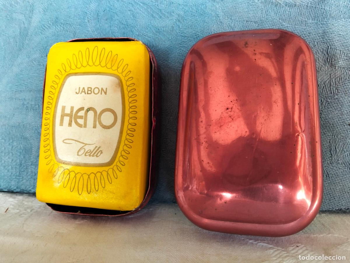 Miniaturen von alten Parf&uuml;men: Pastilla de jab&oacute;n Heno tello castell&oacute;n con funda de metal aluminio rojo rosa a&ntilde;os 60