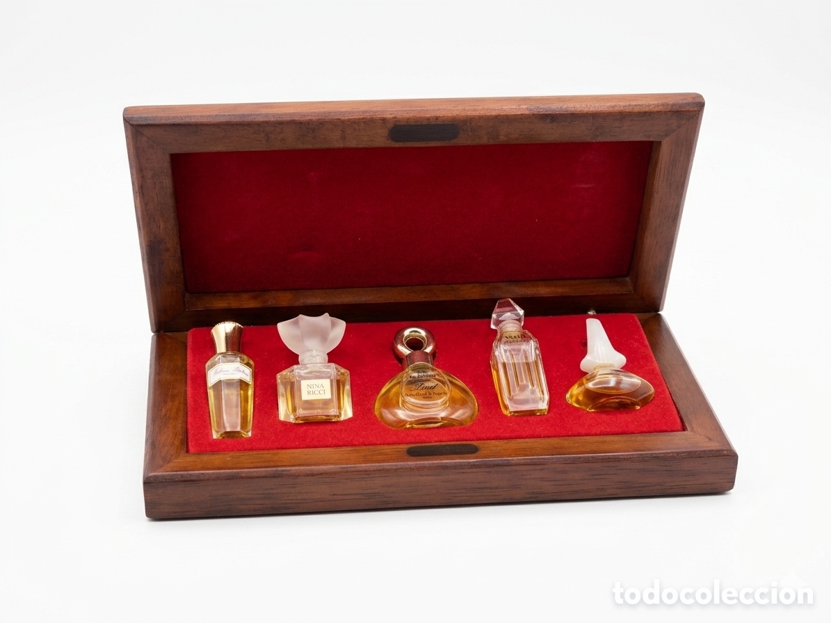 Miniaturas de perfumes antiguos: Exclusivo Cofre Joyero de Madera Maciza con 5 Miniaturas de Perfumes de Lujo Franceses - A&ntilde;os 80/90