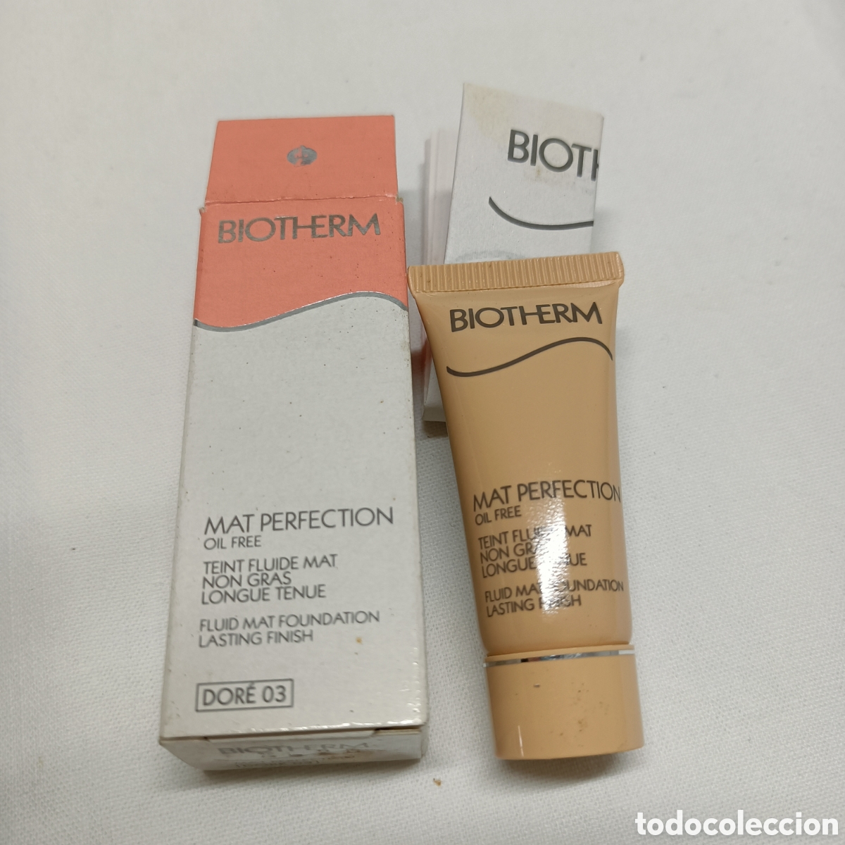 Miniaturas de perfumes antiguos: Miniatura base de maquillaje fluida, Mat Perfection, de Biotherm, dor&eacute; 03, caja y prospecto original