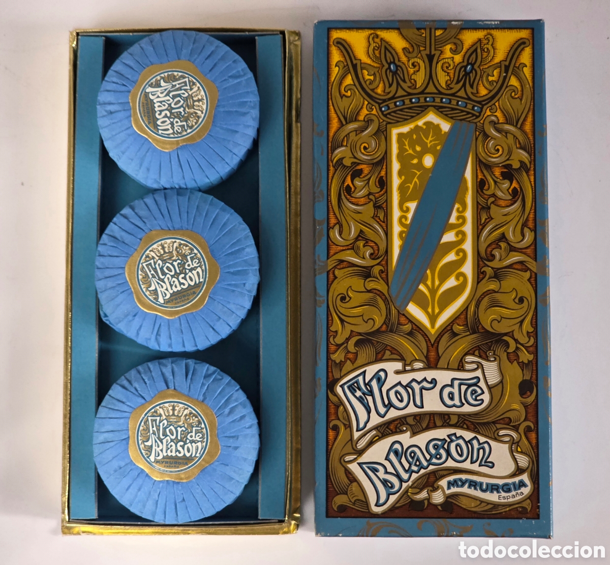 Miniature di profumi antiche: Caja Estuche 3 Pastillas de Jab&oacute;n Flor de Blas&oacute;n Myrurgia - Decoraci&oacute;n Dise&ntilde;o Perfumer&iacute;a Vintage