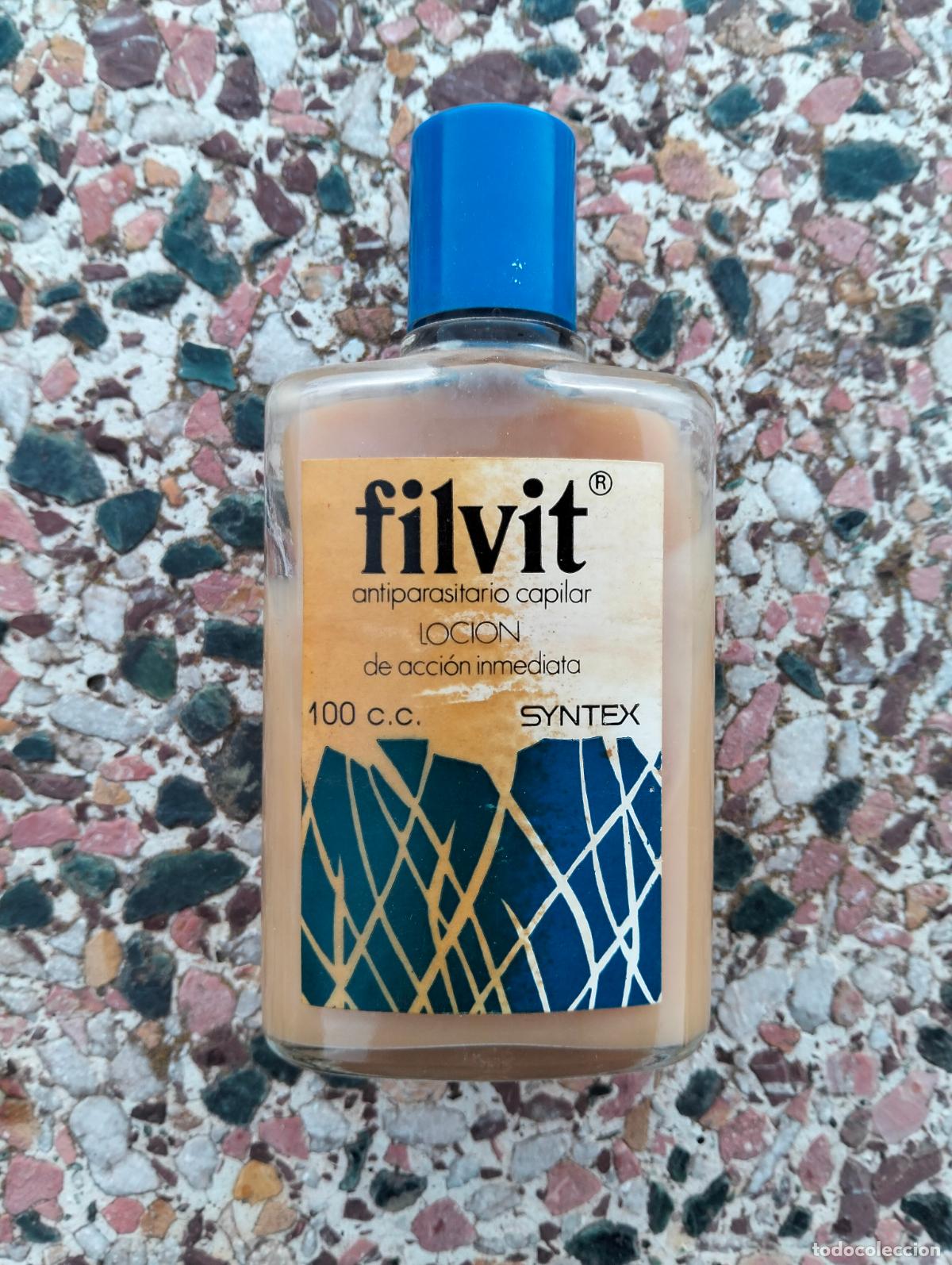 Miniaturas de perfumes antiguos: Antiguo bote frasco de perfume colonia de cristal filvit antiparasitario capilar locion syntex