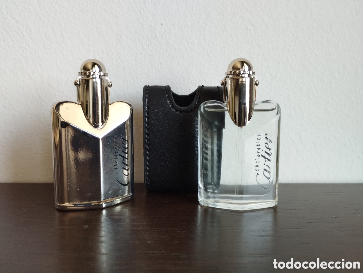 Miniaturas de perfumes antiguos: Dos Perfumes Declaration de Cartier edicion especial plata y piel de 12,5 ml cada uno