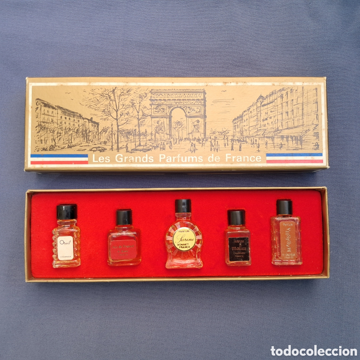 Miniaturas de perfumes antiguos: Les Grands Parfums de France, caja con 5 mini perfumes. Charrier, Bonnet, Madisha, Orient, Malica