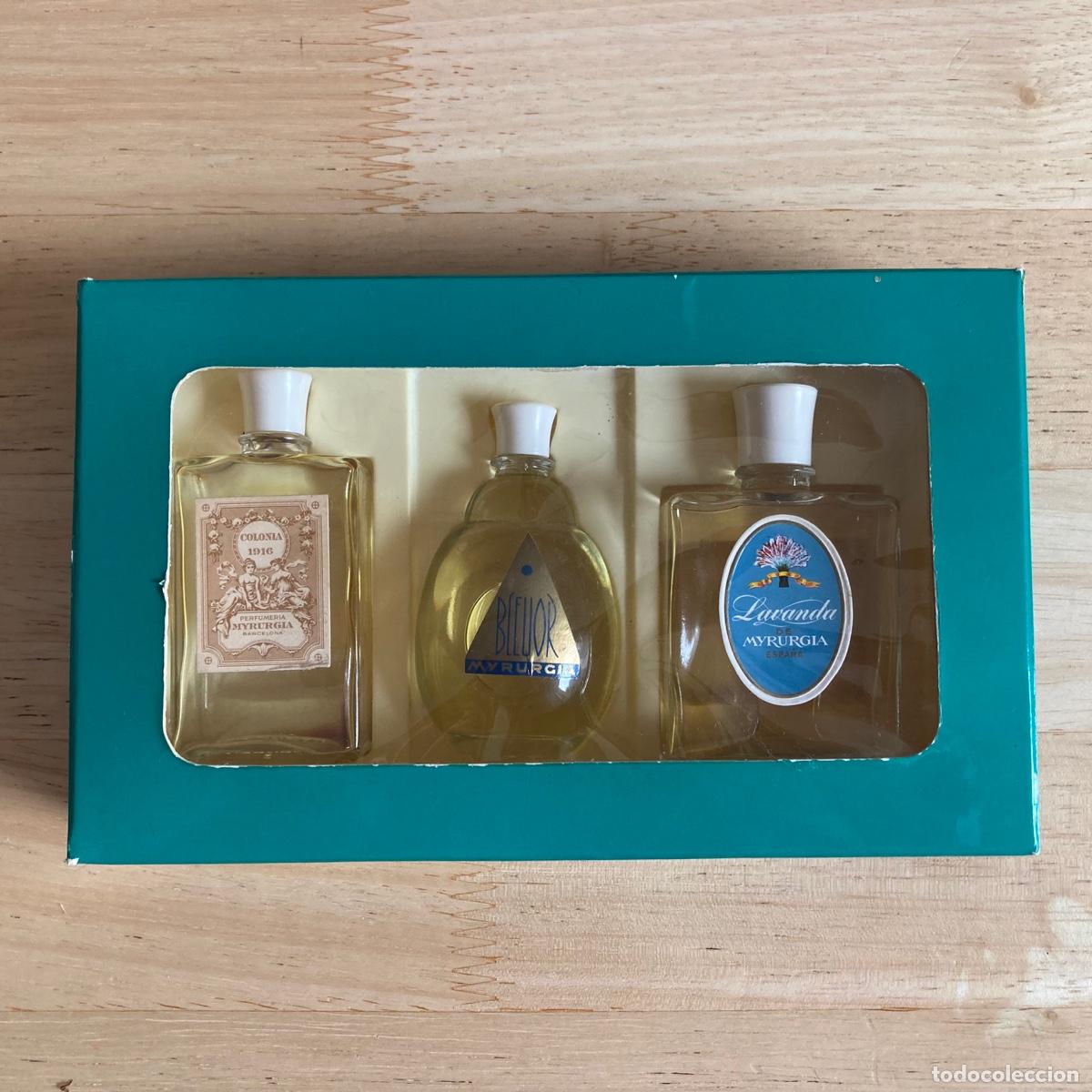 Miniaturas de perfumes antiguos: COLONIAS MYRURGIA MINIATURAS - CAJA CON TRES FRASCOS, LAVANDA, BLEOUR Y OTRA