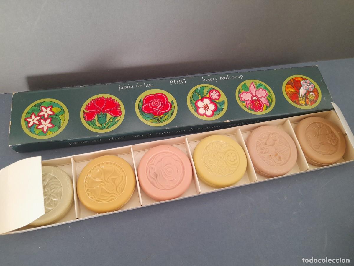 Miniaturas de perfumes antiguos: jabon de lujo, puig, 6 pastillas, caja 31x5,5x2cm aprox