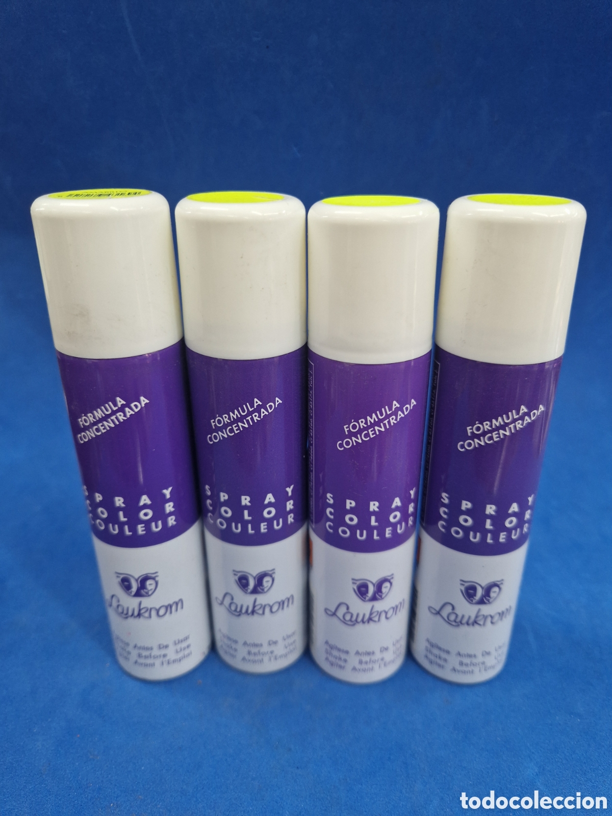 Miniaturas de perfumes antiguos: Lote 4 sprays de laca color amarillo fluorescente