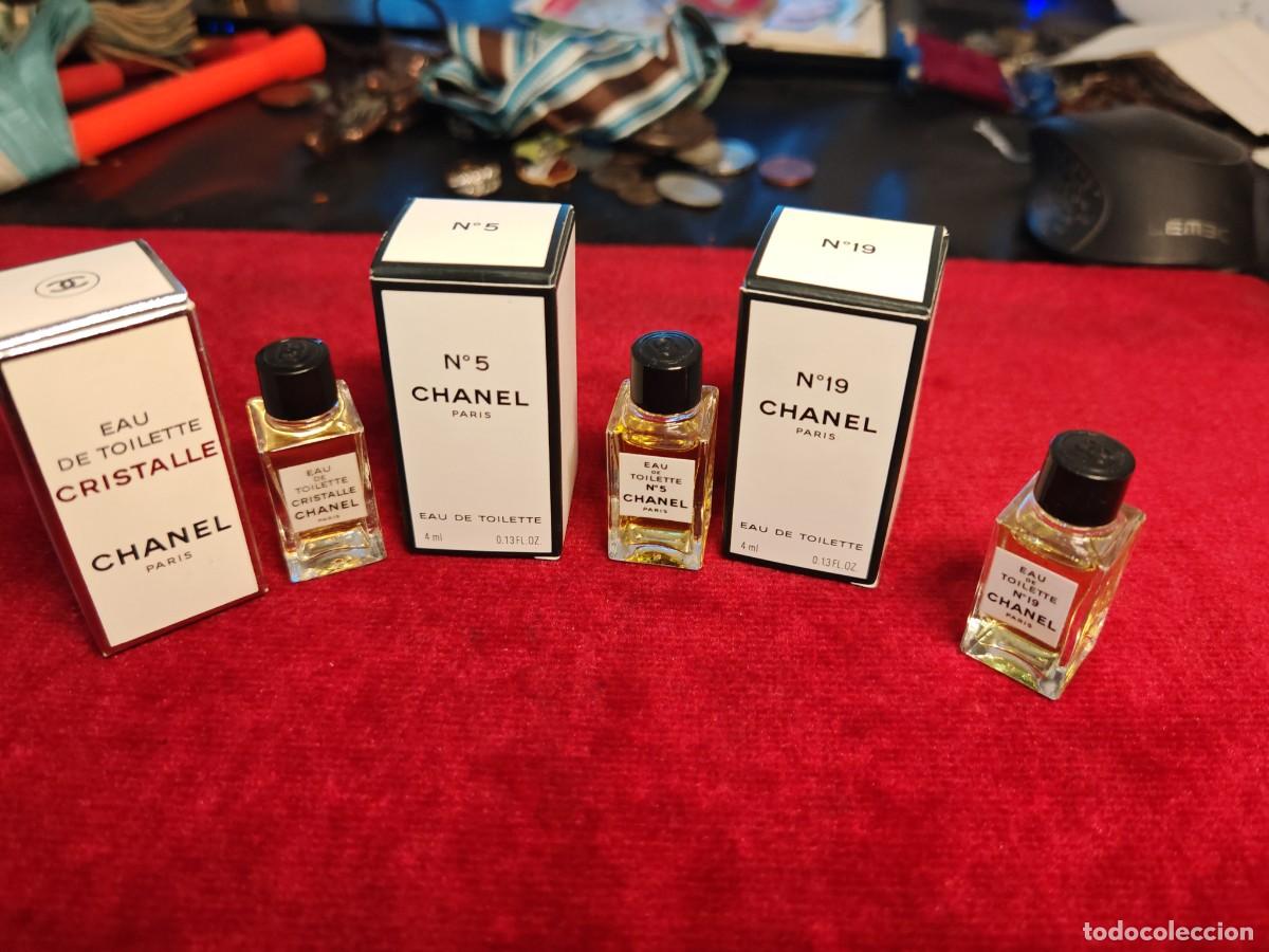 Miniaturas de perfumes antiguos: lote de 3 miniaturas de perfume Chanel 5 . 19. cristalle . con caja ..llenas..buen estado