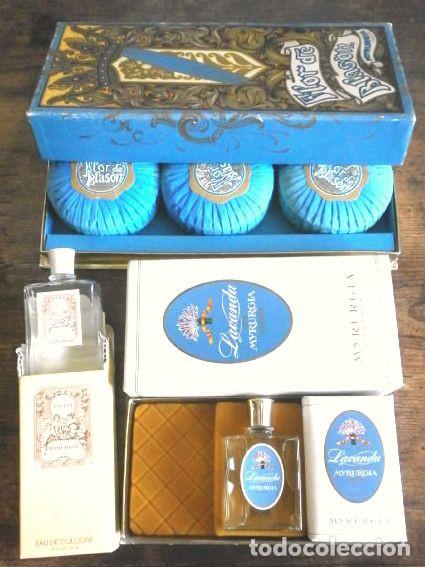 Miniaturas de perfumes antiguos: Lote MYRURGIA - FLOR DE BLASON - COLONIA 1916 - LAVANDA pastilla jabon y colonia