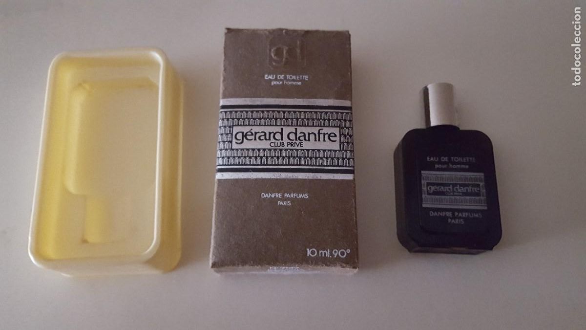 Miniaturas de perfumes antiguos: Frasco/bote miniatura de colonia/perfume con su caja, Gerard Danfre club prive. Vac&iacute;a.