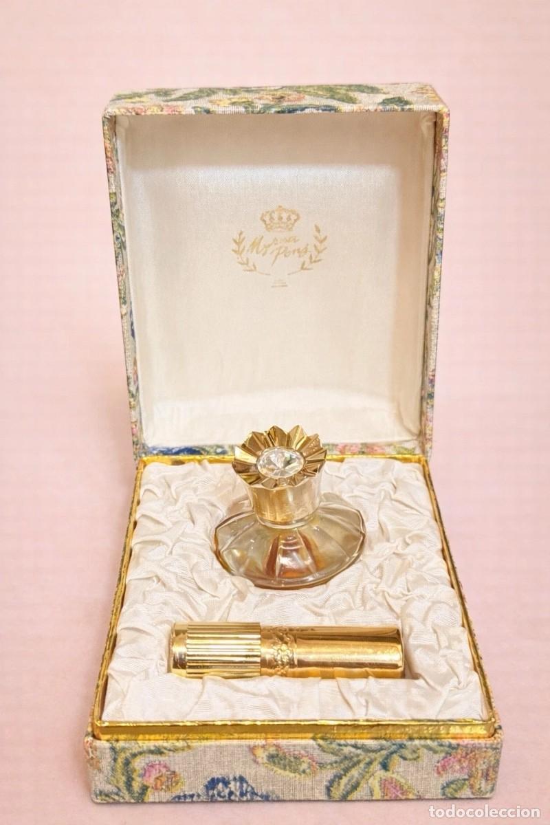 Miniature di profumi antiche: Myrna Pons Barcelona &mdash; estuche vintage, perfume corona y pintalabios, faltan 2 piedras