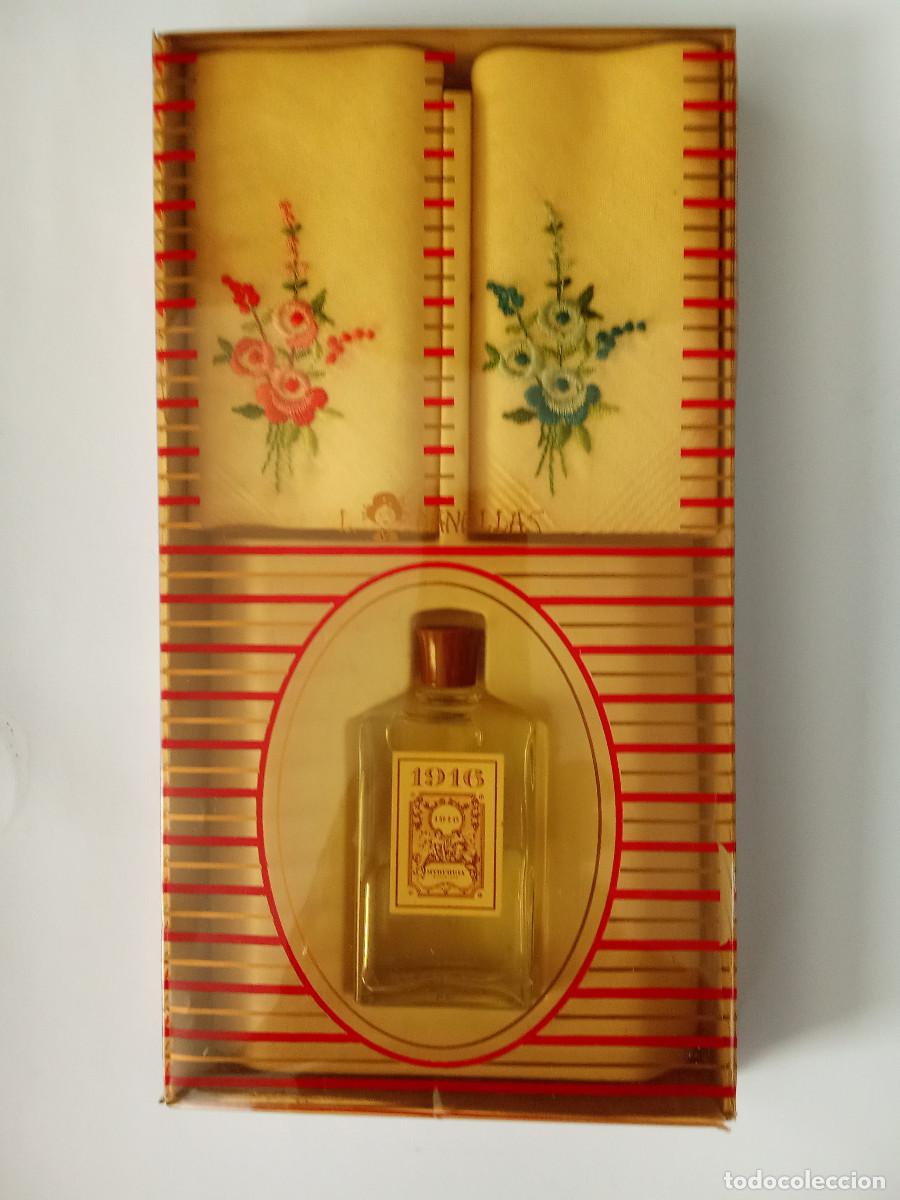 Miniaturas de perfumes antiguos: Caja colonia 1916 Myrurgia y pa&ntilde;uelos Canellas a&ntilde;os 70 sin uso