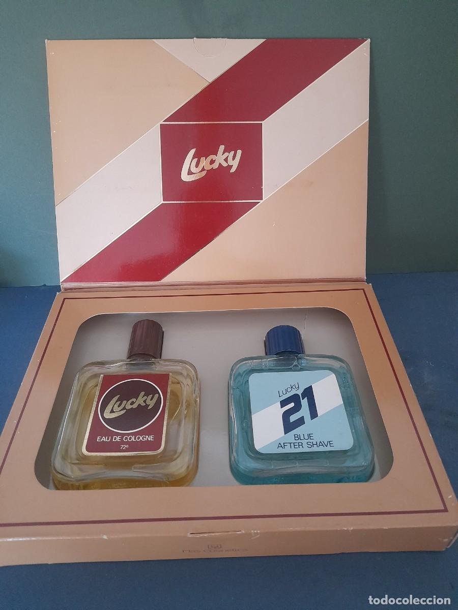 Miniaturas de perfumes antiguos: Perfume: Lucky eau de cologne y 21 blue after shave, en caja de presentaci&oacute;n , 100ml, mas cosmetics