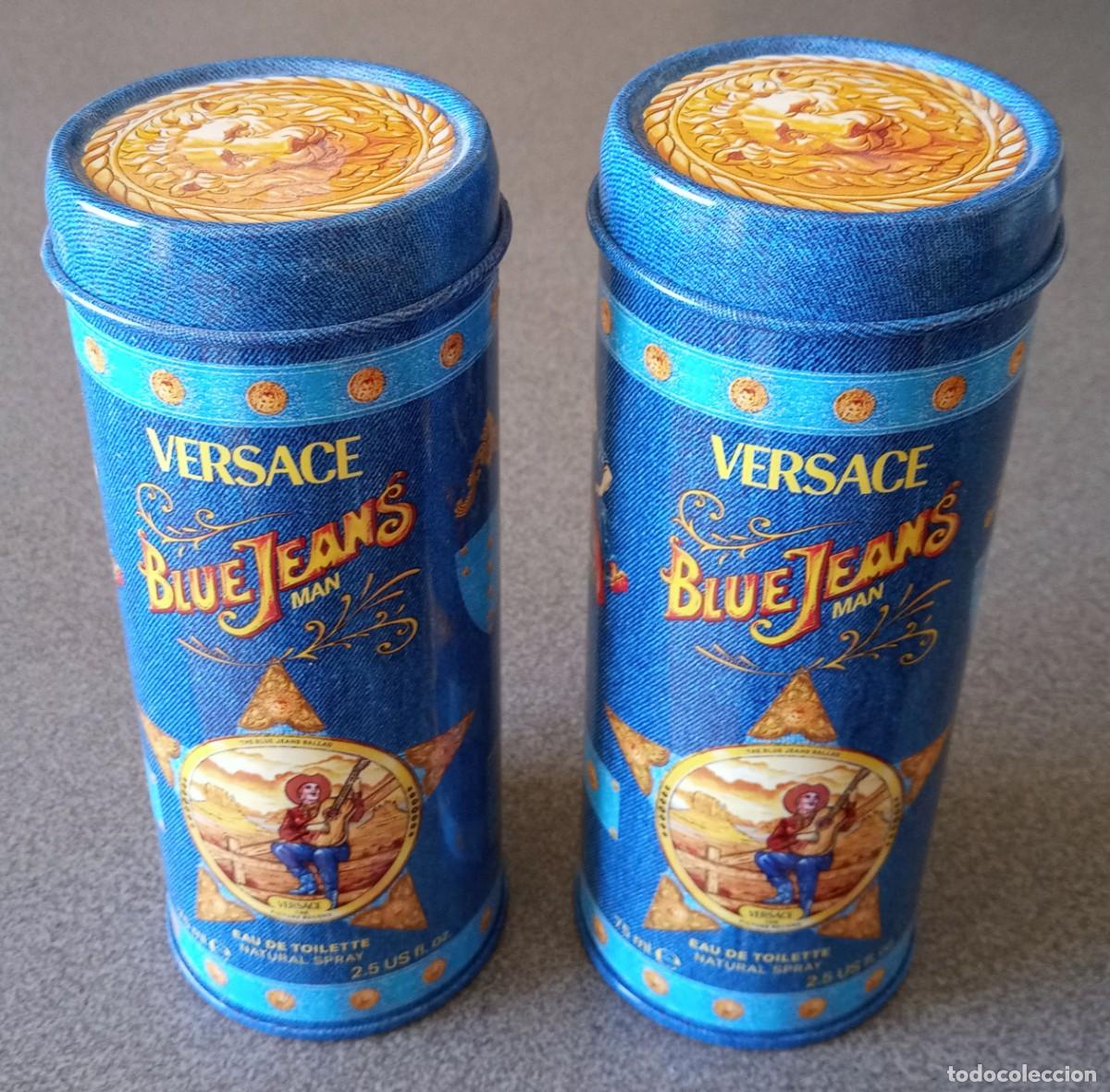 Miniaturas de perfumes antiguos: Lote latas estuches metal colonia Versace Blue Jeans
