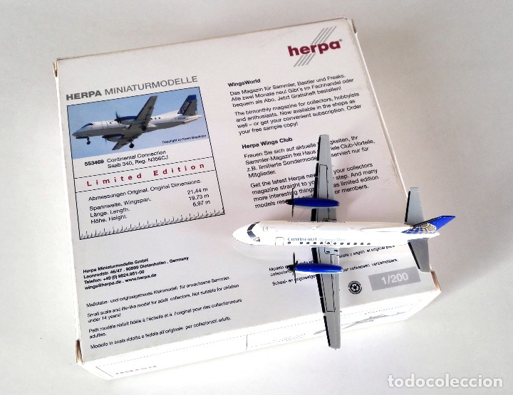 Herpa Wings 1200 Saab 340 B Continental Airlines Connection N356cj Metálico 1200