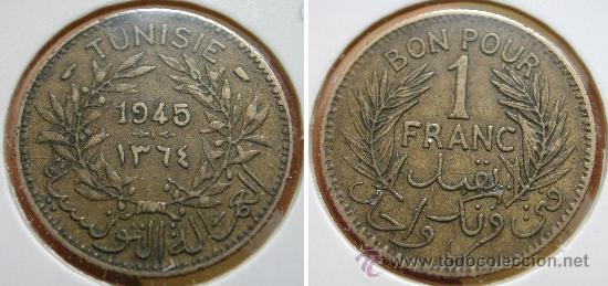 Old Coins of Africa: TUNEZ TUNISIA 1 FRANC 1945