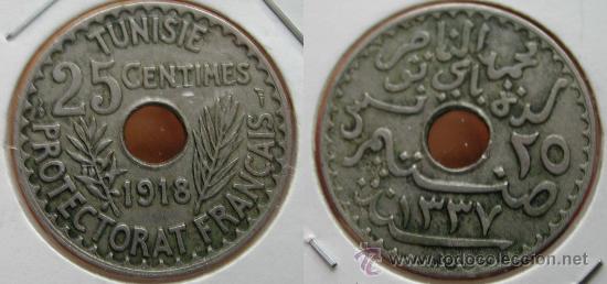 Old Coins of Africa: TUNEZ TUNISIA 25 CENTIMES centimos 1918, PROTECTORADO FRANC&Eacute;S