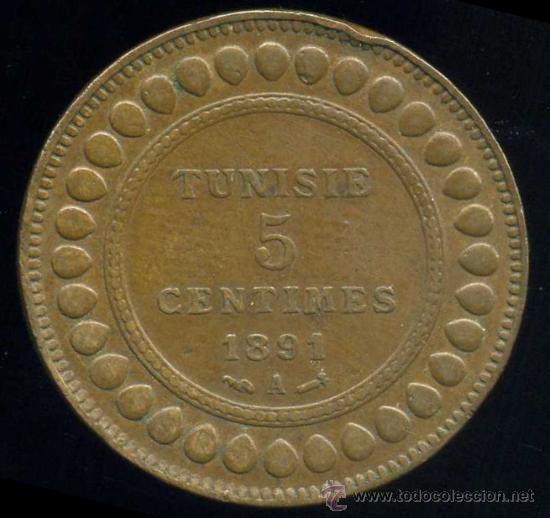 Monedas antiguas de &Aacute;frica: TUNEZ : 5 CENT 1891 - Foto 1