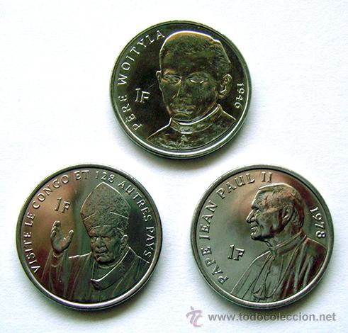 Old Coins of Africa: MONEDAS DEL MUNDO . R. DEMOCR&Aacute;TICA DEL CONGO . LOTE X 3 . 1 FRANC 2004 . PAPAS