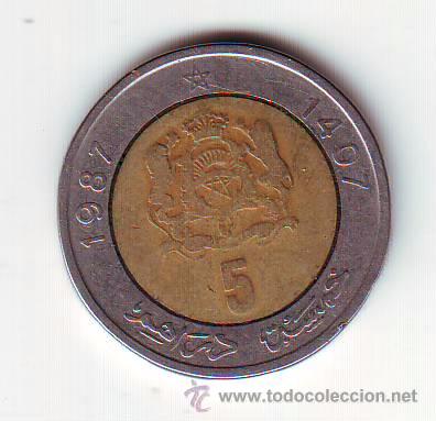 Monnaies anciennes d'Afrique: BIMETALICA MARRUECOS.5 DIRHAM 1987.VER FOTO ADICIONAL.(726)