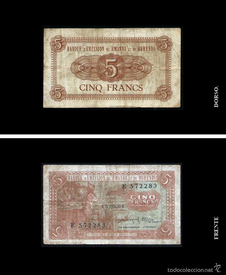 Monnaies anciennes d'Afrique: Banque d'Emision du Rwanda et du Burundi. Cinq Franc. 15.05.61