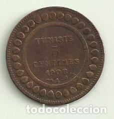 Monedas antiguas de &Aacute;frica: MONEDA TUNEZ 5 CENTIMES 1908 5 CENTIMOS 1908 PROTECTORADO FRANCES. - Foto 1
