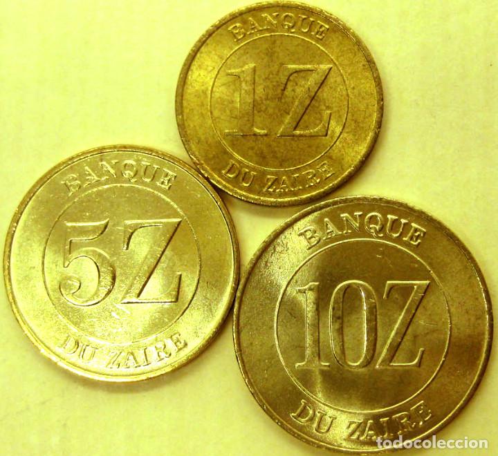 Monedas antiguas de &Aacute;frica: Zaire, Set 3 monedas: 1, 5 y 10 Zaires (1987-88 o mezcla)./ Sin Circular./