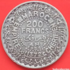 Monedas antiguas de África: MARRUECOS 200 FRANCOS DE PLATA 1953