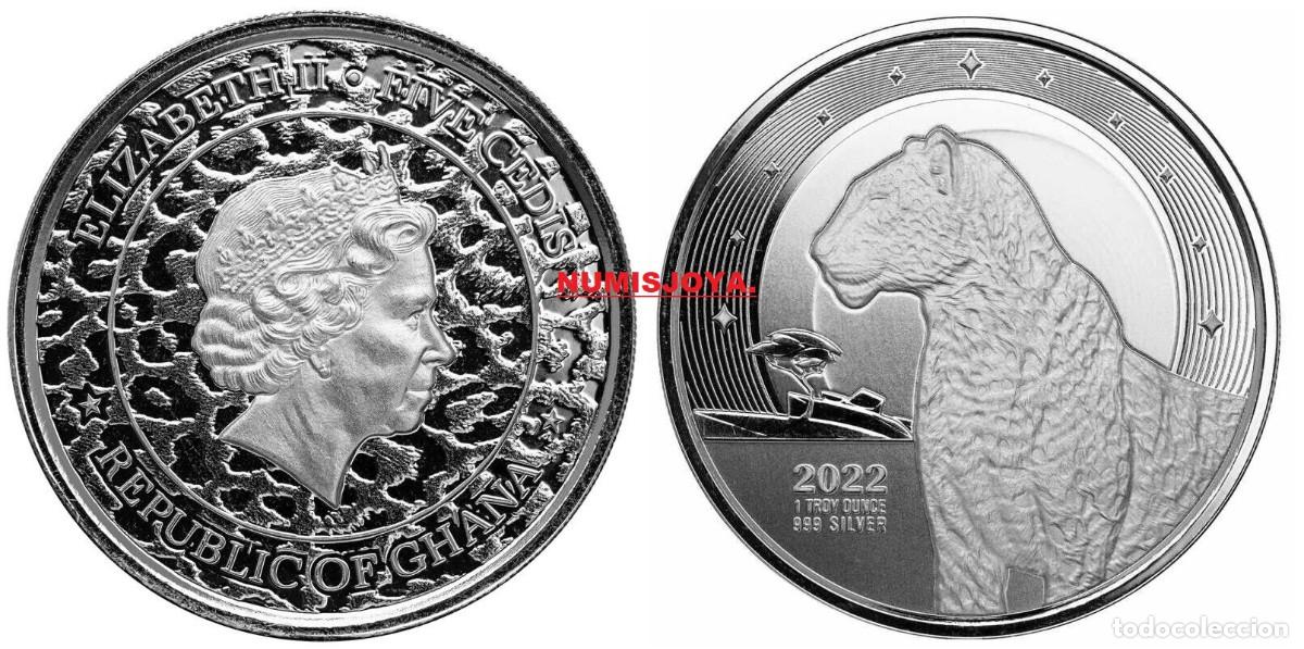 Old Coins of Africa: GHANA ONZA 2022. 5 CEDIS plata. Ley 999/1000. Peso 31,10 gr. LEOPARDO.