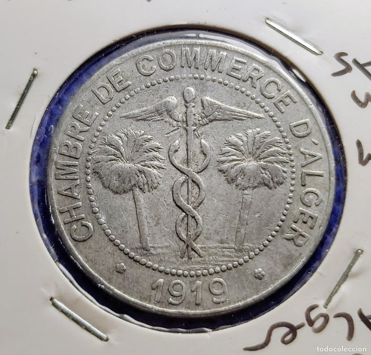 Monedas antiguas de &Aacute;frica: Argelia 10 centimes 1919 Camara de comercio de Argel - Foto 1