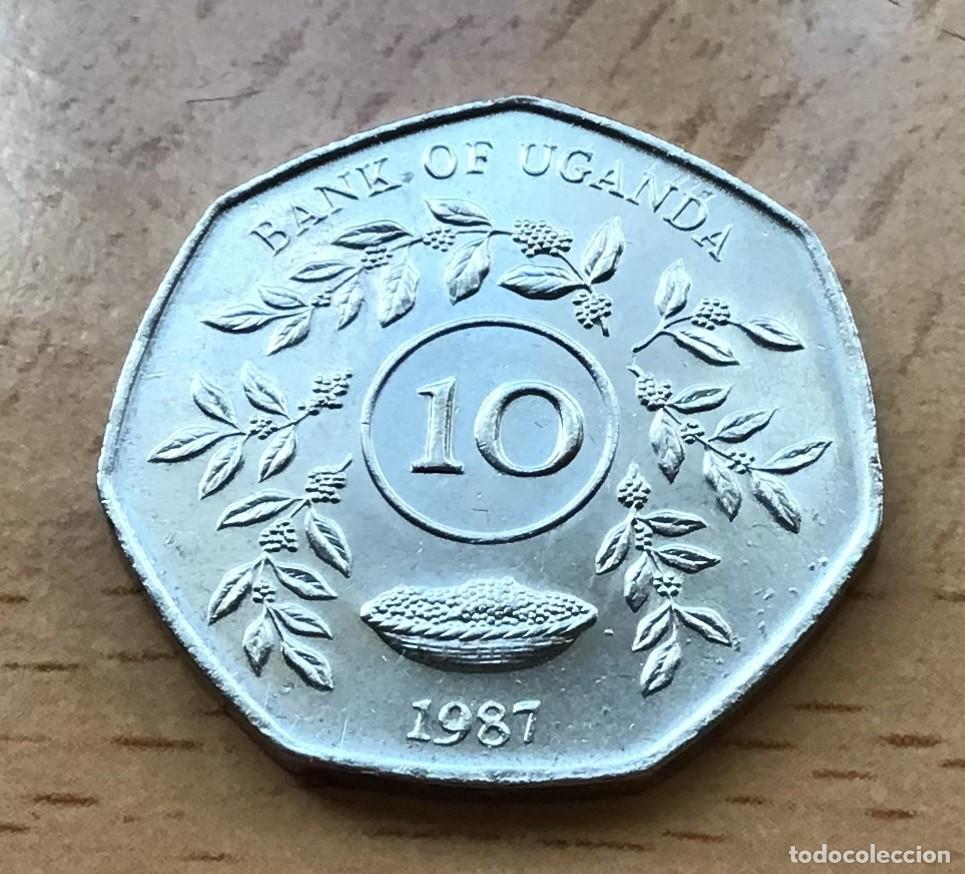 Monedas antiguas de &Aacute;frica: 10 chelines de Uganda. A&ntilde;o 1987