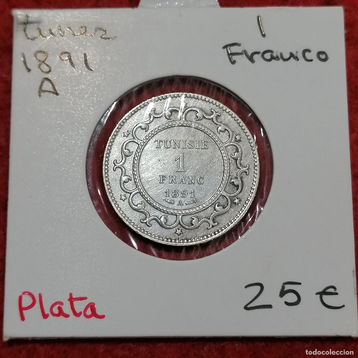 Monedas antiguas de &Aacute;frica: Tunez , Protectorado Frances, 1 franco plata 1891 A, 45175