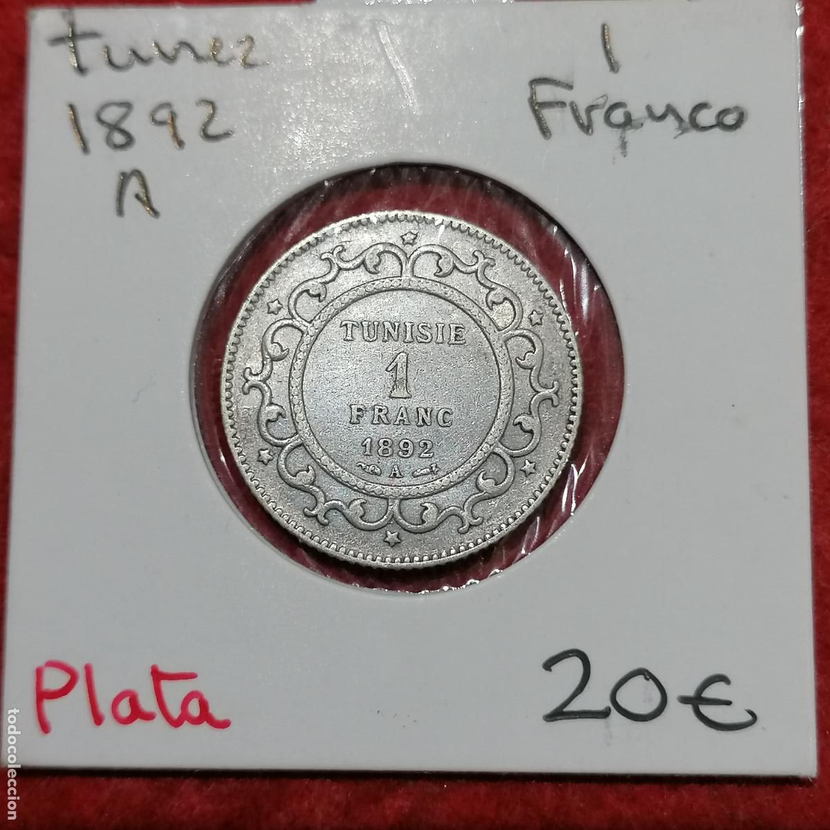 Old Coins of Africa: Tunez , Protectorado Frances, 1 franco plata 1892 A, 45171