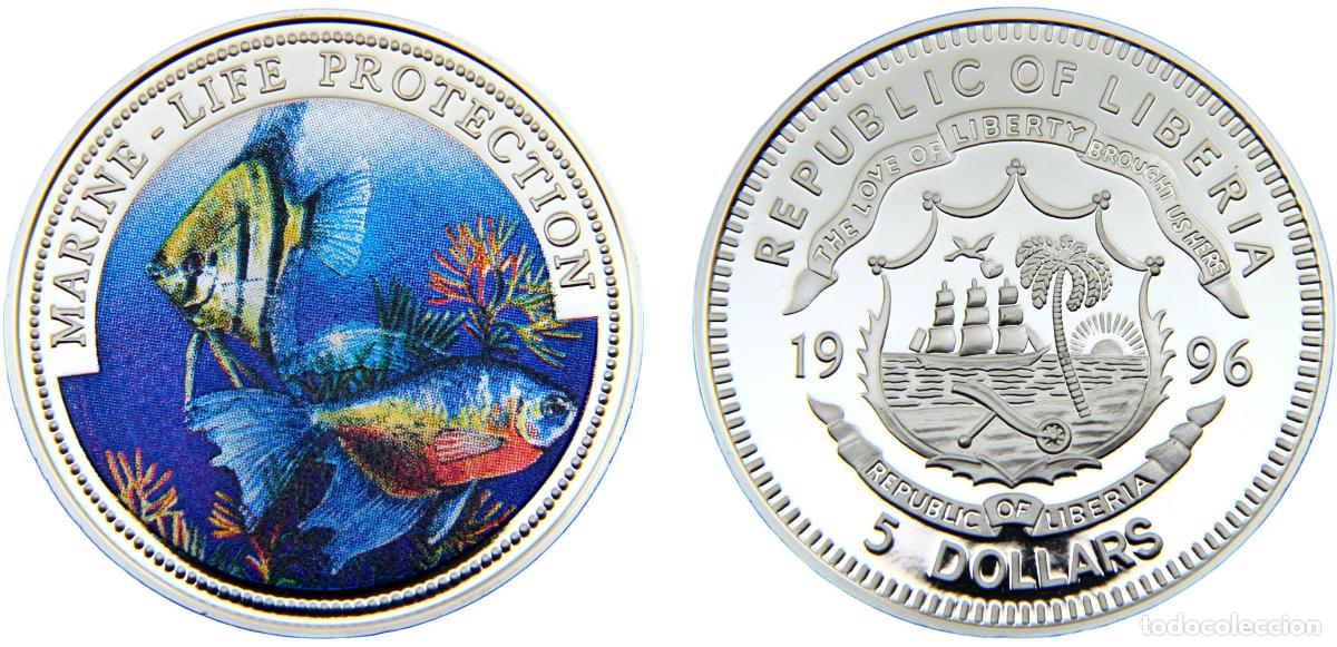 Monete antiche di Africa: Liberia Republic 1997 5 Dollars Marine Life Protection, coloured