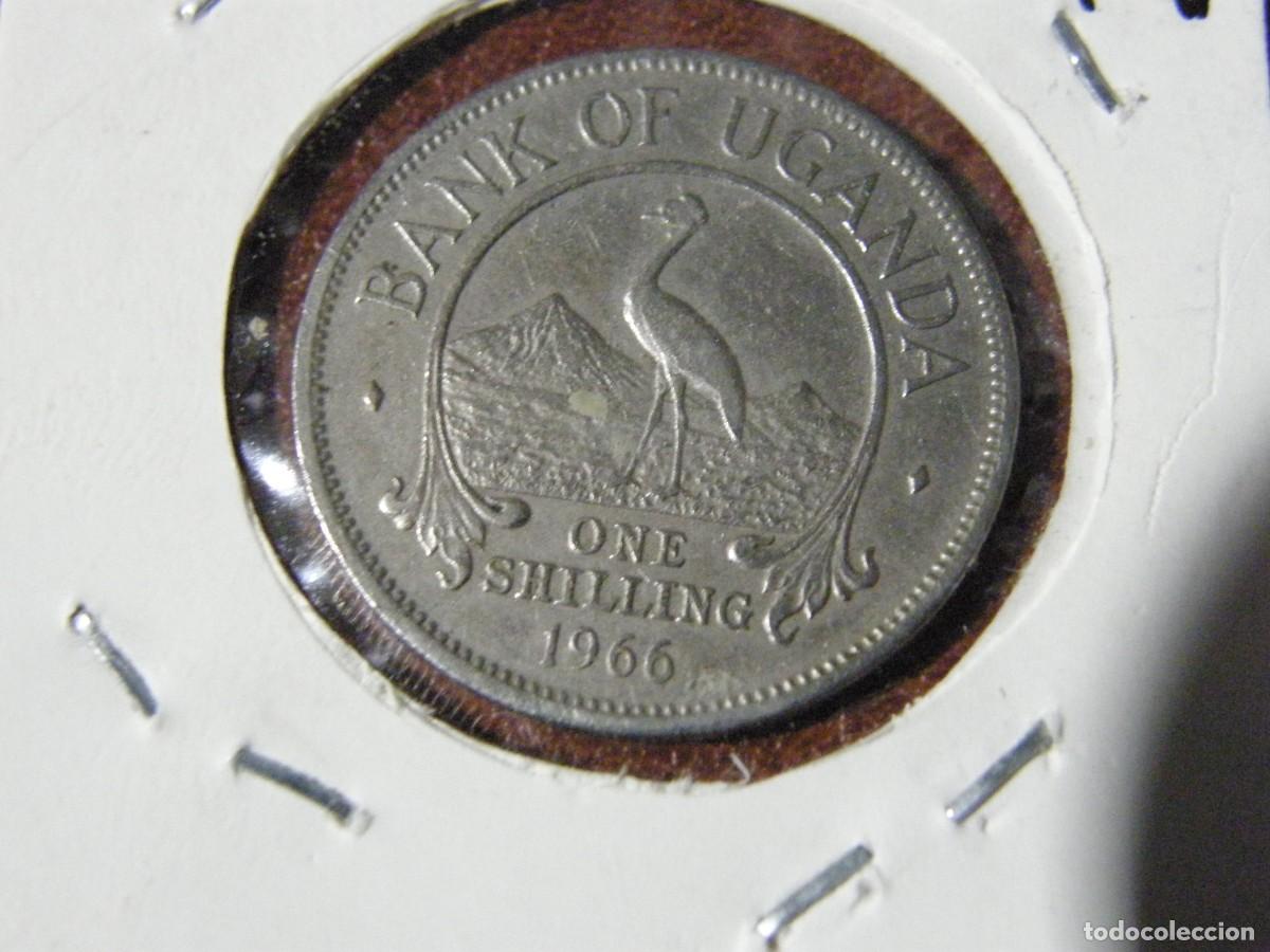 Moedas antigas de &Aacute;frica: Moneda de One Shilling de Uganda 1966: S&iacute;mbolo de fauna y her&aacute;ldica nacional