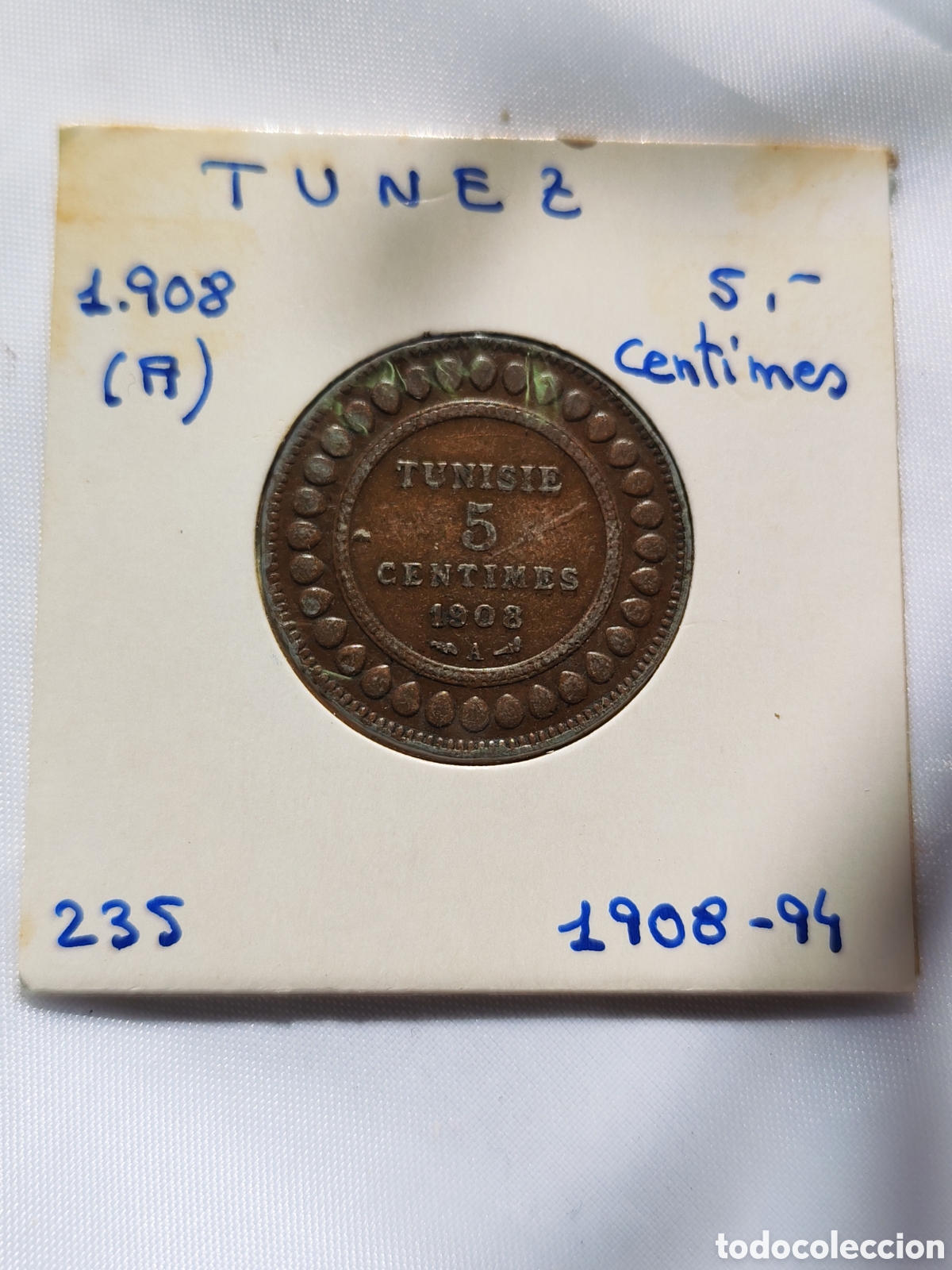 Monedas antiguas de &Aacute;frica: Tunez. 5 centimes. 1908 A - Foto 1