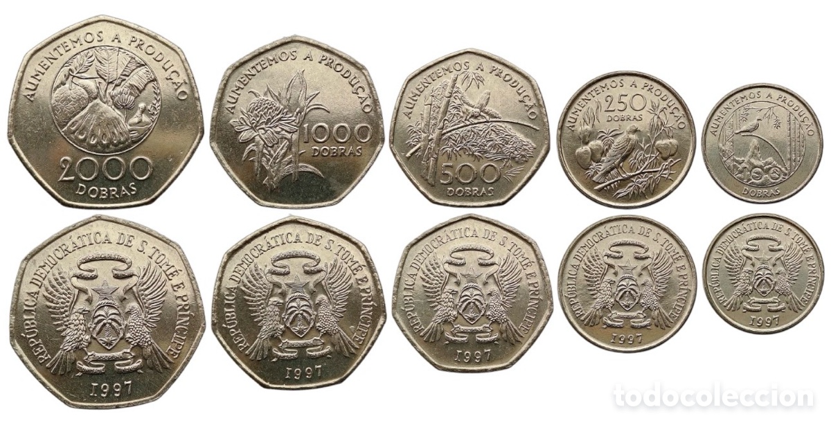 Monedas antiguas de &Aacute;frica: Set x 5 Monedas SANTO TOME & PRINCIPE 100 250 500 1000 2000 Dobras 1997 SC