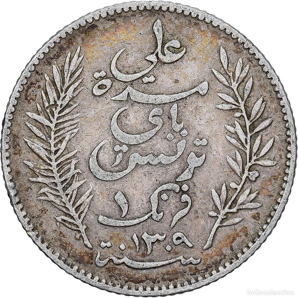 Monedas antiguas de &Aacute;frica: [#1167207] T&uacute;nez, Ali Bey, Franc, 1892, Paris, Plata, BC+, Lecompte:190, KM:224