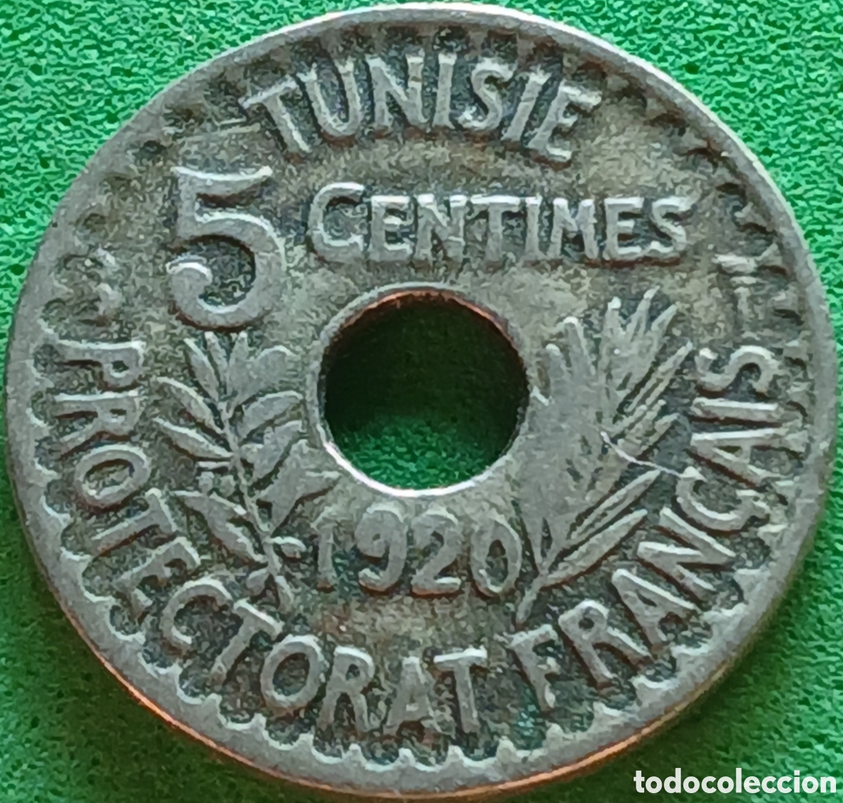Monedas antiguas de &Aacute;frica: T&uacute;nez 5 centimos 1920 km#242 di&aacute;metro 19 mm/ fecha de calendario gregoriano/ isl&aacute;mico