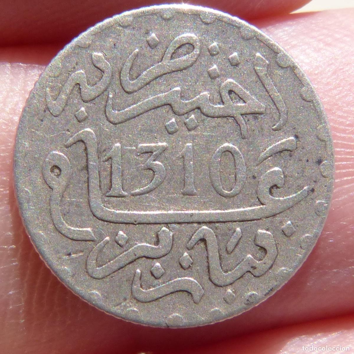Monedas antiguas de &Aacute;frica: Marruecos, 1/2 dirham 1310, plata, 1,43gr.