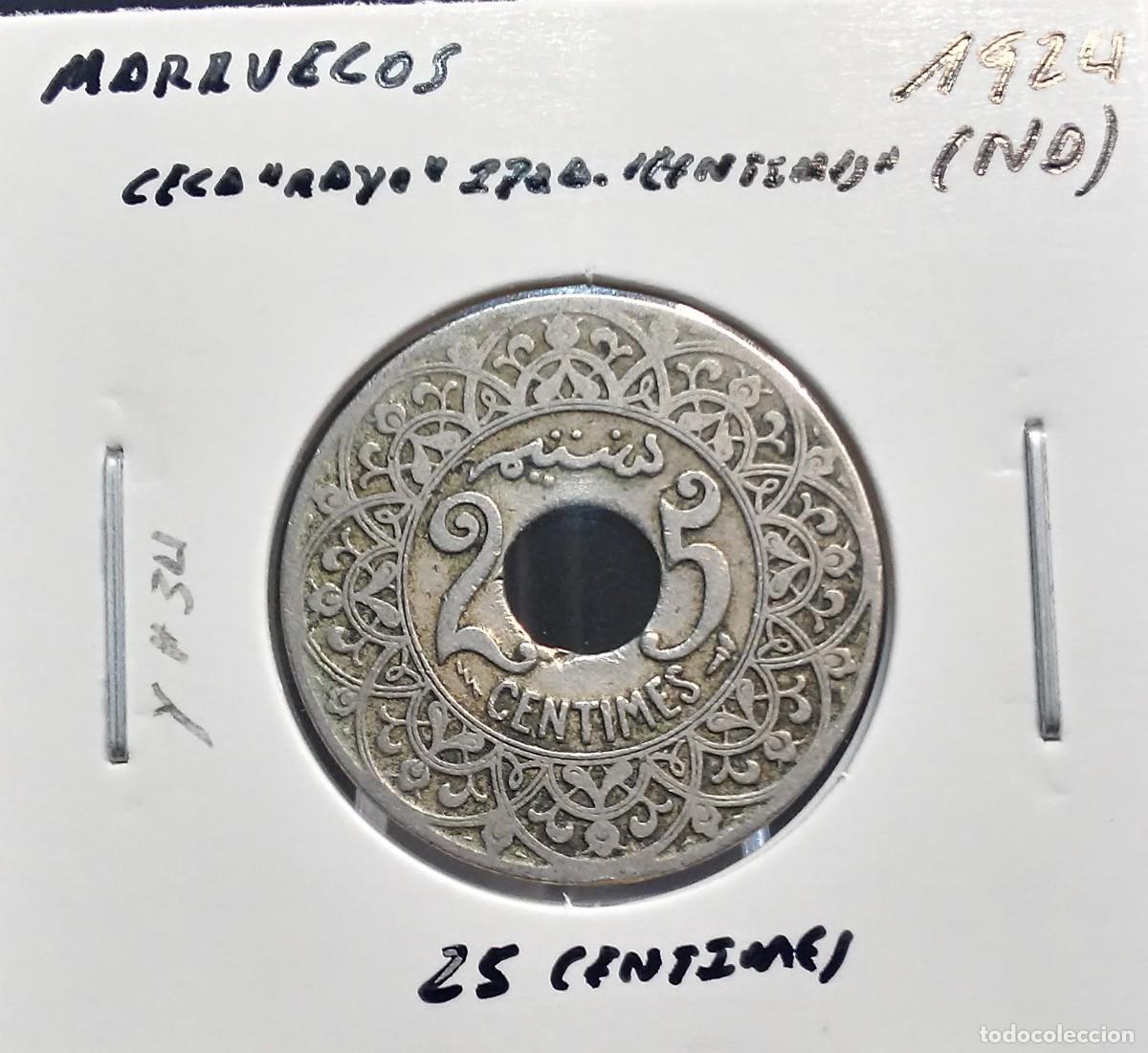 Monedas antiguas de &Aacute;frica: MARRUECOS 25 C&Eacute;NTIMOS / CENTIMES 1924 (ND) Y#34 MBC CECA &rdquo;RAYO&rdquo; A IZQUIERDA DE &rdquo;CENTIMES&rdquo;.