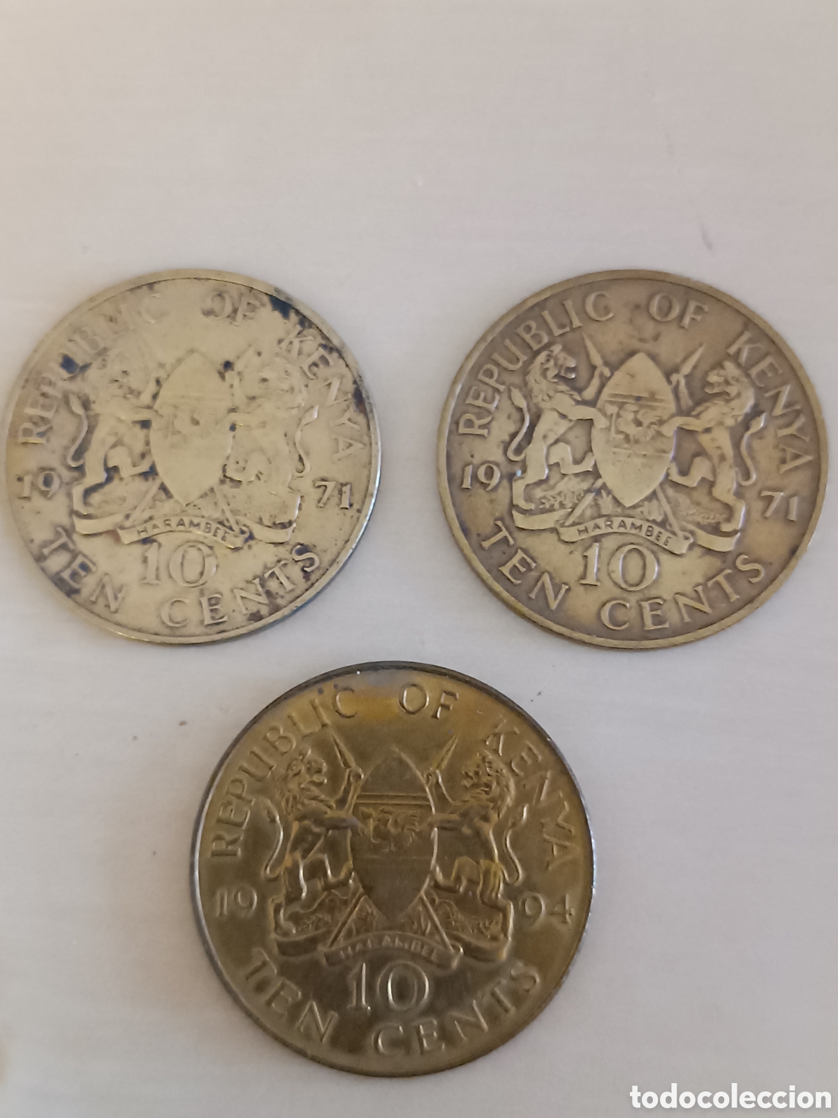 Monedas antiguas de &Aacute;frica: Lote de tres monedas Kenia de 10 c&eacute;ntimos