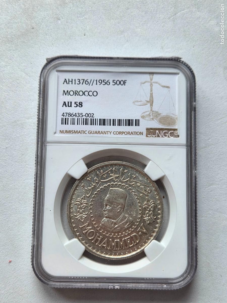 Monete antiche di Africa: MARRUECOS 1376 - 1956 500 FRANCOS PLATA AU58 GRADING NGC