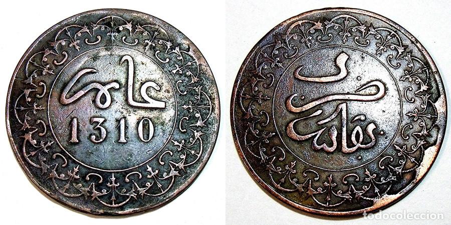 Alte M&uuml;nzen aus Afrika: MARRUECOS - 4 FALUS - AH1310 (1893) - BRONCE - MOULAY AL HASAN