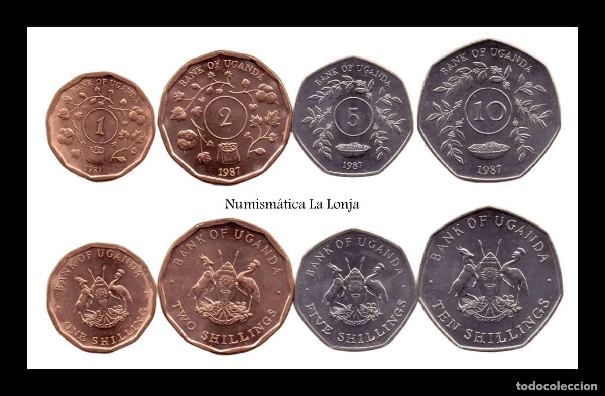 Monedas antiguas de &Aacute;frica: Uganda Set 4 monedas 1 2 5 10 Shillings 1987 Km 27 28 29 30 Sc Unc