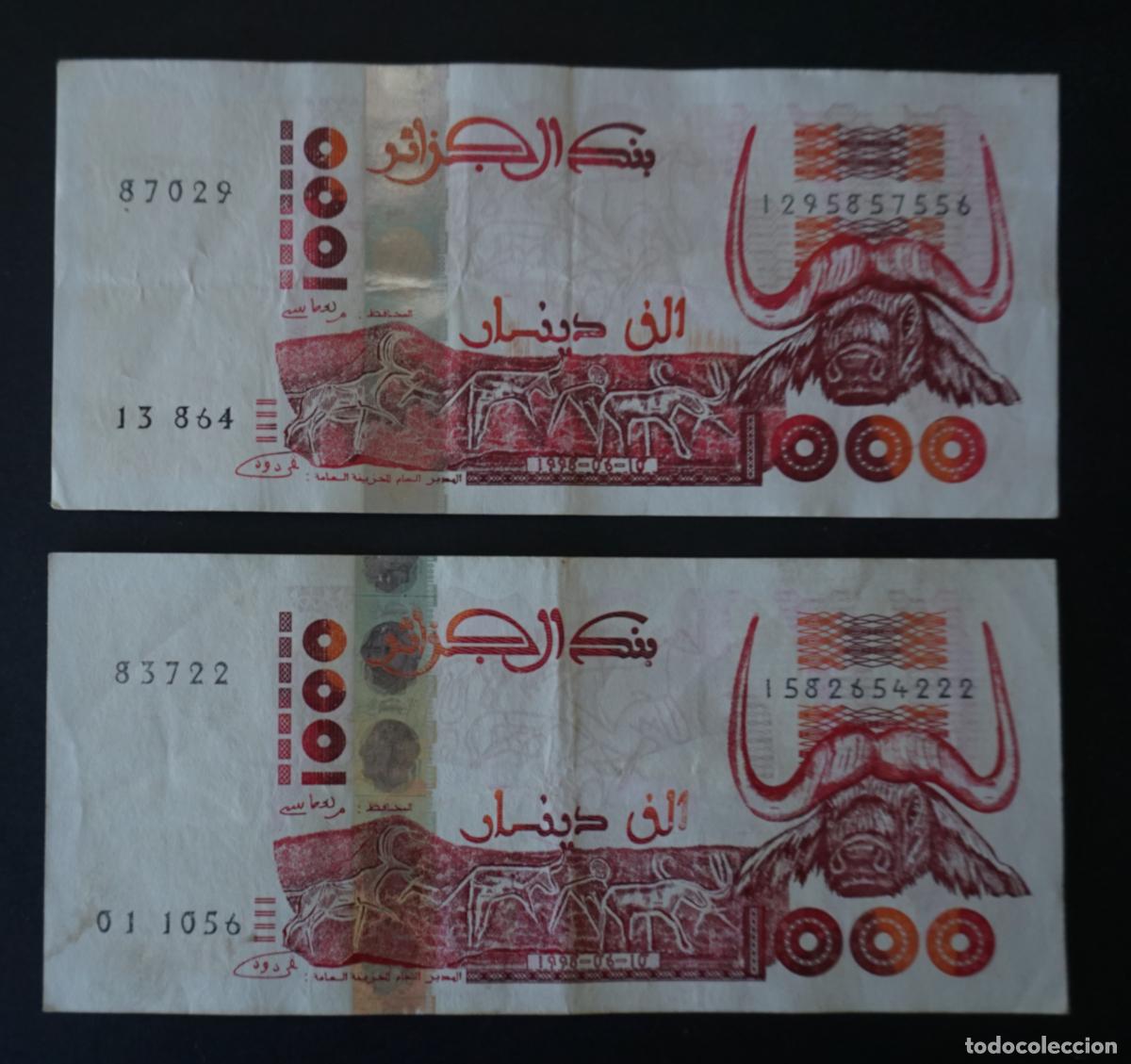 Monedas antiguas de &Aacute;frica: 2 billetes circulados de 1000 dinares argelinos. A&ntilde;o 1998